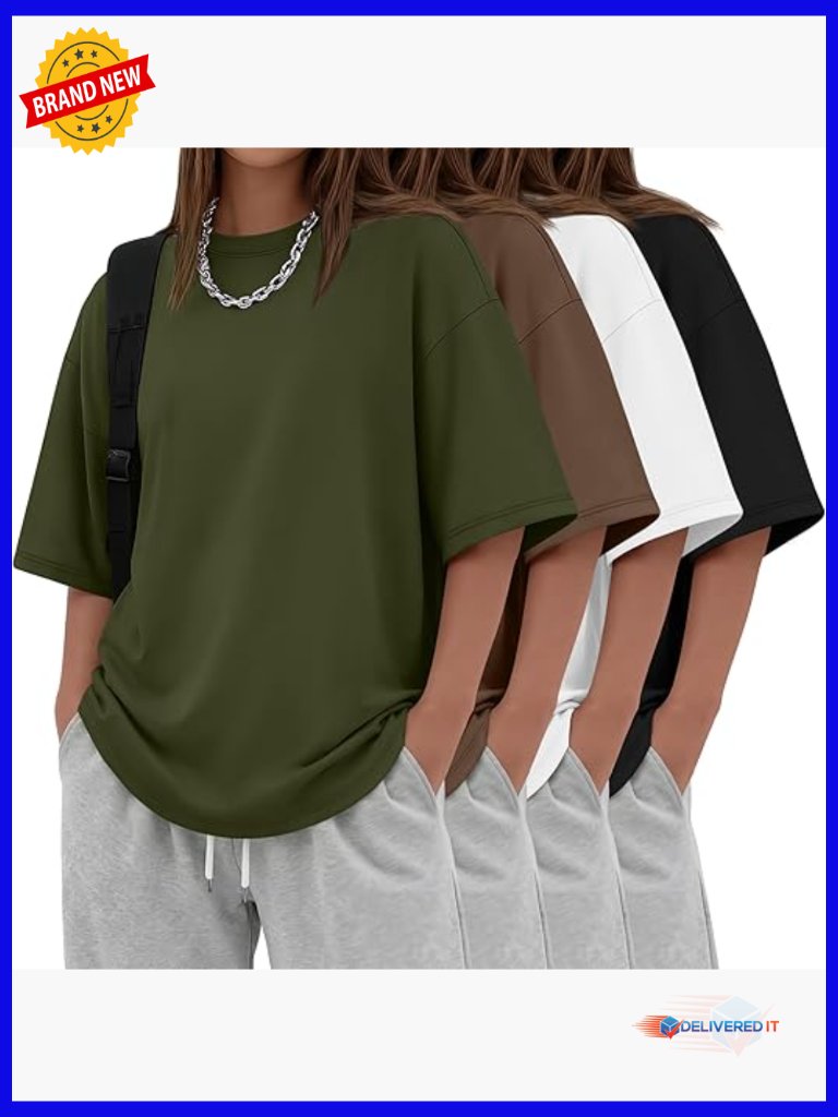 4 Pack Oversized Cotton T-Shirts Crewneck Workout Short Sleeve Baggy Basic Tees